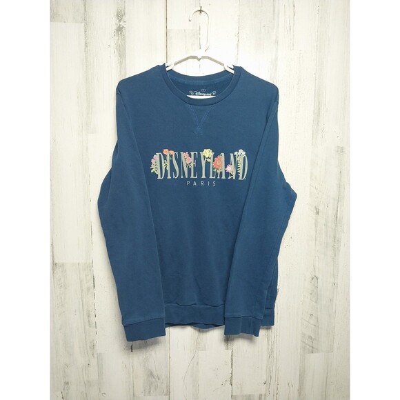 Disneyland Paris Sweater Womens Large Blue Flower Logo Pullover - Picture 1 of 6